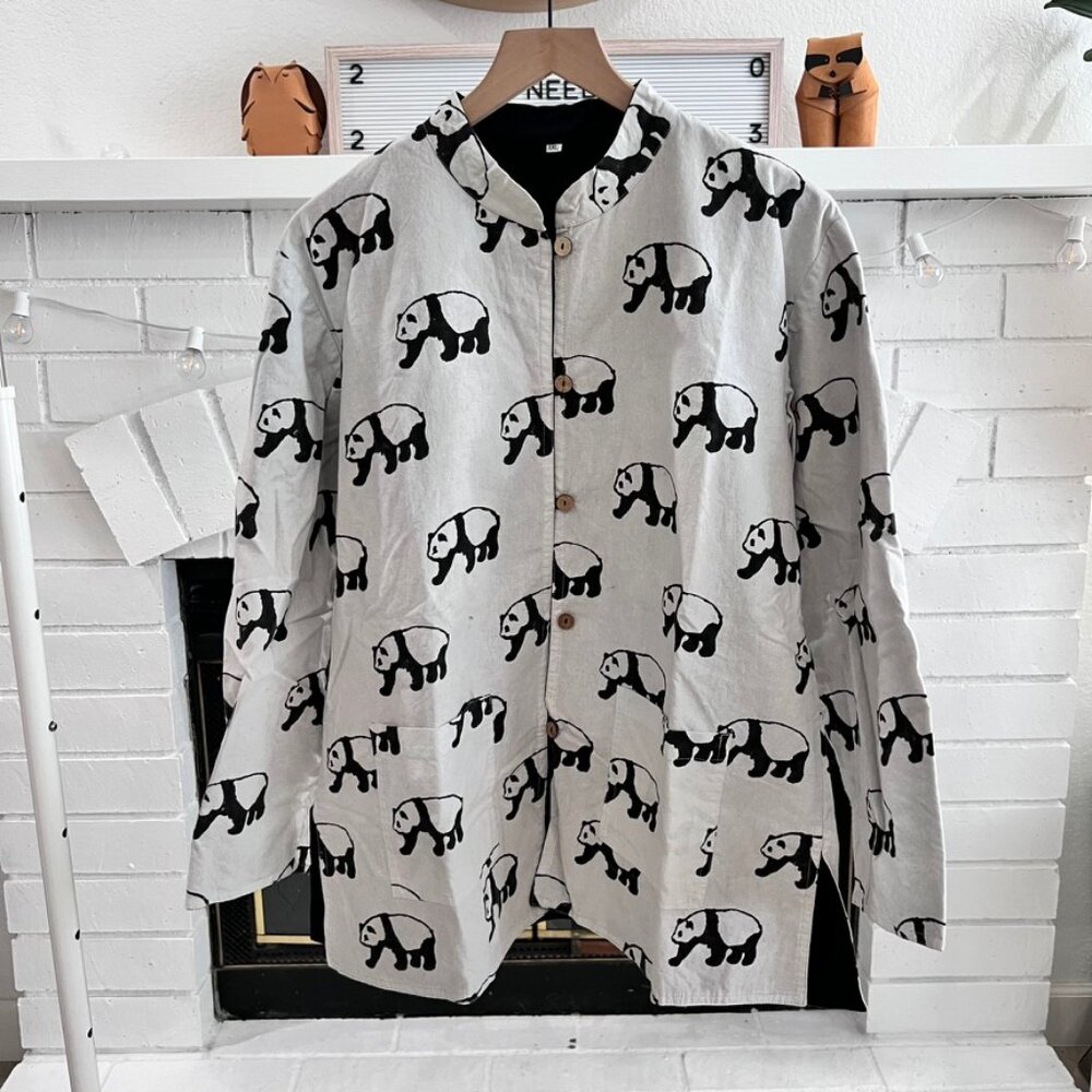 Panda All Over Print Chinese Collar Wooden Button Traditional Shirt